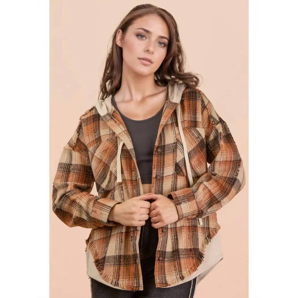NEW VERY J canyon plaid flannel hooded jacket in caramel mix